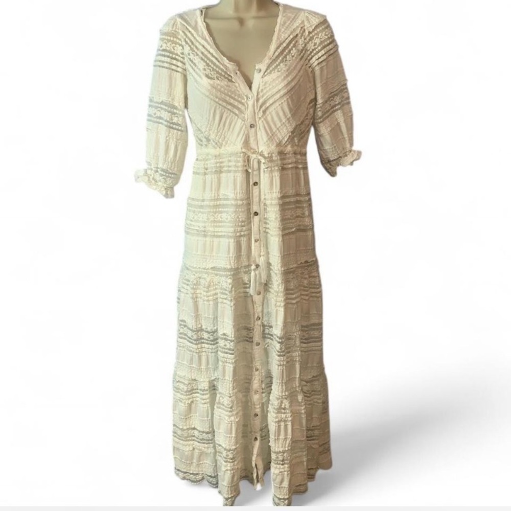 A collective story white lace midi dress short puff sleeve XS button down